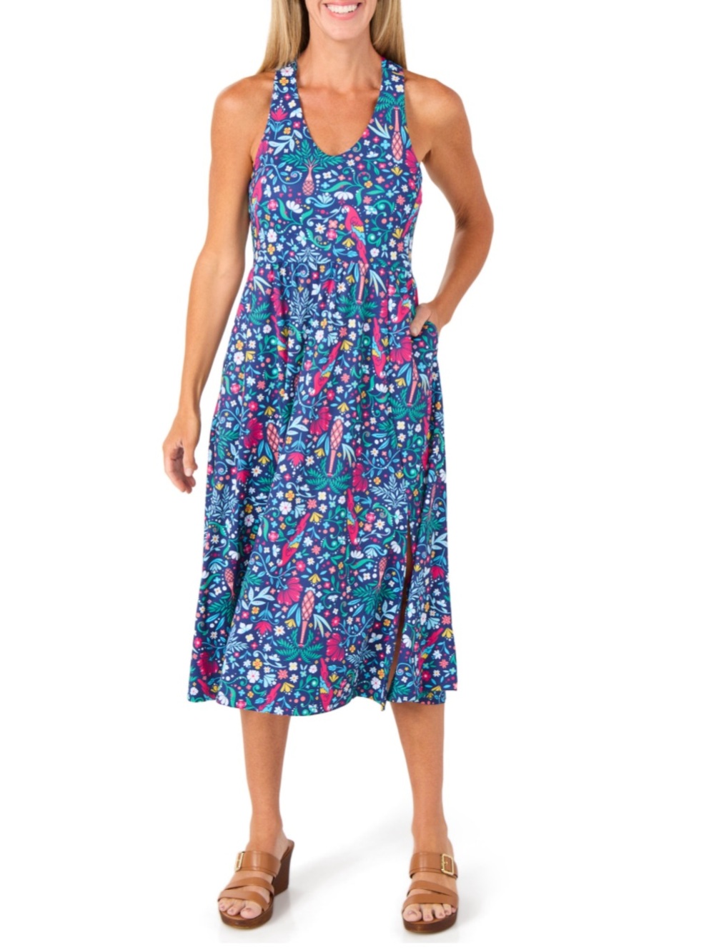 Reel Legends Blue Floral Midi Dress with Pink & Teal Accents